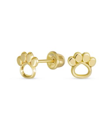 Unisex Tiny Mini BFF Animal Puppy Kitten Pet Dog Lover Cat Paw Print Stud Earrings For Women Teen Real Yellow Gold Safety Clutch Screw back
