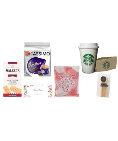 Temas Tassimo Hot Chocolate Pods Gift Set includes Tassimo Hot Chocolate pods x 8 Walkers Short Bread Biscuits Marshmallows Reusable Coffee Cup Sleeves Hot Chocolate Stirrers