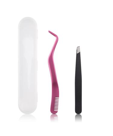 Lash Applicator Tool 2 Pcs Lash Tweezers Stainless Steel Cluster Lash Tweezers Curved With Eyebrow Tweezers For Women DIY Eyelash Extensions Applicator Set for False Eyelash Tweezers By FADVAN (2 pcs) Pink