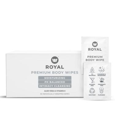 Royal Wet Wipes - Flushable Cleansing Body Cloths for Natural Feminine Vaginal Hygiene, Face Cleansing, Moisturizing - Women, Men, Adult Safe, Anti-Itch - Vitamin E & Aloe, Unscented - 30 Singles Box