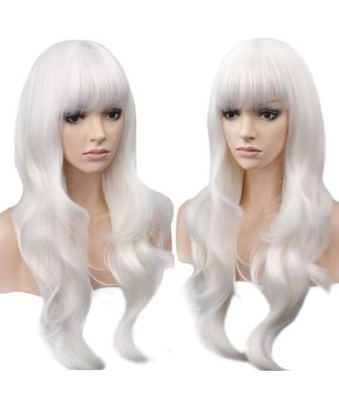 YEESHEDO 28 Long Wavy Curly White Wig with Fringe | Heat Resistant Synthetic Hair for Women - Perfect for Halloween, Cosplay, Anime & Snow White Costumes - Buy Online on SooperMarket.com