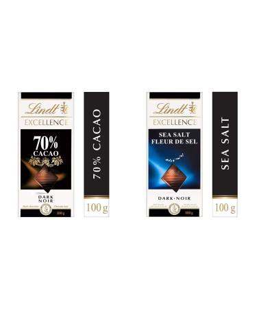 Lindt EXCELLENCE 70% Cacao Dark Chocolate Bar 100 Grams & EXCELLENCE Sea Salt Dark Chocolate Bar 100 Grams