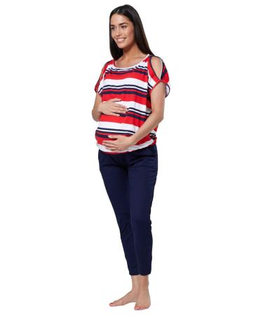 HAPPY MAMA Women's Maternity Breastfeeding Lounge Top Joggers Pyjamas Set 1024p 10 Red Stripes and Navy