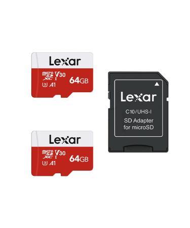 Lexar 64GB Micro SD Card 2 Pack, microSDXC UHS-I Flash Memory Card with Adapter - Up to 100MB/s, U3, Class10, V30, A1, High Speed TF Card (2 microSD Cards + 1 Adapter) 64GB x 2