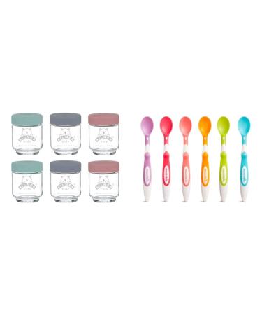 Kilner Kids Set of 6 190 ML Glass Jars Grey purple & Munchkin Soft Tip Toddler & Baby Spoons Baby Weaning Spoons Set with Ergonomic Handles 190ml + Soft Tip Toddler & Baby Spoons