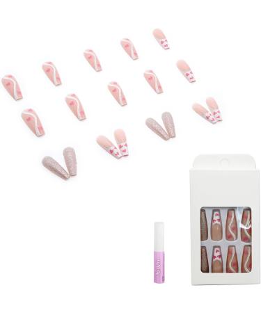 Luvadeyo 24pcs Coffin Long Press on Nails - Shiny Full Cover Pink Heart Acrylic Fake Nails for Women & Girls - Buy Online on SooperMarket.com