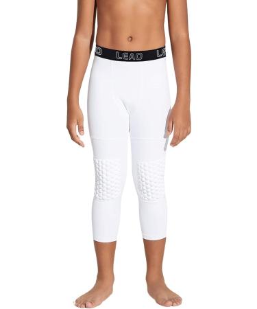 LEAO Youth Boys 3/4 Compression Pants with Knee Pads Cool Dry Basketball Tights Sports Capri Leggings White Small - Buy Online on SooperMarket.com