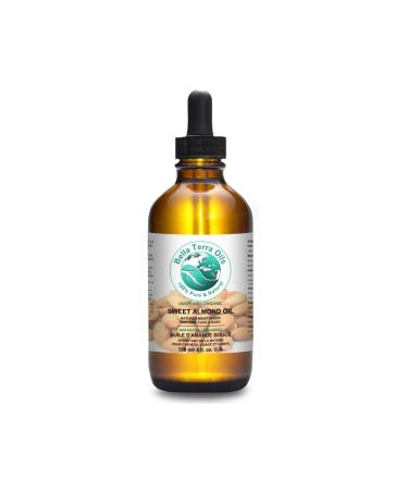 Bella Terra Oils Sweet Almond Oil. 4 oz. 100% Pure. Cold-pressed. Unrefined. Organic. 100% Pure. Hexane-free. Natural Moisturizer for Hair  Face  Body  Nails  Beard  Stretch Marks 4 Fl Oz (Pack of 1)