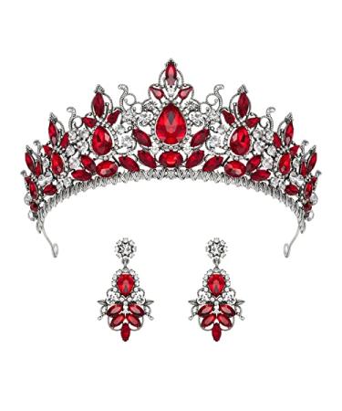 SWEETV Tiara Crown for Women 2-Pack Wedding Tiara Earrings Set Crystal Queen Crown Princess Hair Accessories Jewelry Set Red