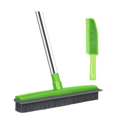 Long Handle Rubber Broom with Squeegee Rubber Sweeping Brush and Pet Hair Removal Brush Set Indoor Use for Pet Hair Carpet Floor Sofa Window Artificial Grass Rake Brush Outdoor for Cleaning Hardwood Green Broom and Brush