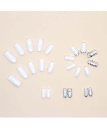 Square Press On Nails Short White Fake Nails | Glue On Acrylic False Nails with Matte Finish & Sequin Designs | 24Pcs Set for Women & Girls - Buy Online on SooperMarket.com