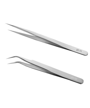 Ainiv Precision Tweezers Set 2 Pcs Stainless Straight Curved Tweezers Non-Magnetic Industrial Tweezers for Craft Electronics Soldering Medical and Experimental Work Jewelry #3 2PCS Pointed+Curved