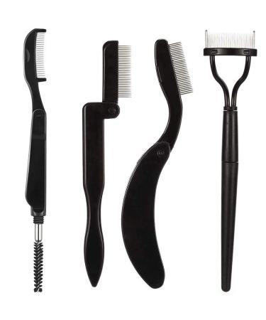 4 Pcs Folding Eyelash Comb Dou Eyebrow Brush with Spoolie Mascara Separator Metal Teeth Grooming Brushes for Define Lash and Brow