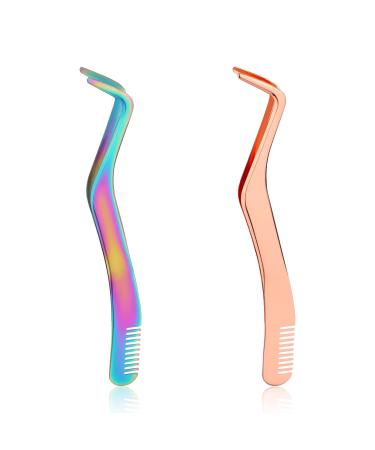 2pcs Lash Tweezers Set  Stainless Steel Upgraded 2 in 1 Lash Extension Tweezers with Comb Eyelash Applicator for Volume Isolation Classic Lashes Smeared False Lashes (Rose Gold  Colorful)