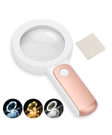 Magnifying Glass with 18 LED Lights 30X Handheld Large Magnifying Glass with 3 Modes Illuminated Magnifier Glass for Seniors Read Coins Stamps Map Inspection -with a Lens Cloth (Rose Gold)
