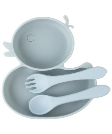 Baby Suction Plate Silicone Toddler Plate for Kids Baby Weaning Plate Strong Suction Divided Dish with Fork Spoon BPA Free (Dusty Blue)