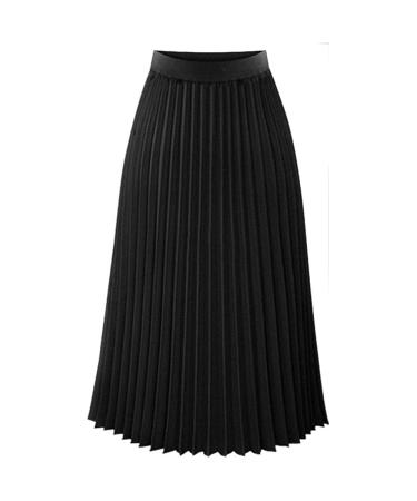 Sanahy Womens Pleated Midi Skirt High Waist Swing Boho Pleated Skirt Solid Stylish Casual Chiffon Elastic A-line Long Skirts XL Black
