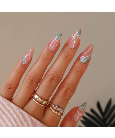 RikView Medium Press on Nails French Fake Nails Almond Acrylic Nails Green & White Nails with Swirls Design Green Swirls