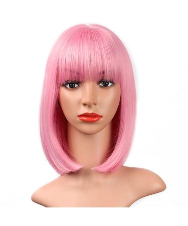 AISI BEAUTY 12 Inch Pink Bob Wig with Bangs - Short Straight Synthetic Cosplay Party Wig for Women - Buy Online on SooperMarket.com