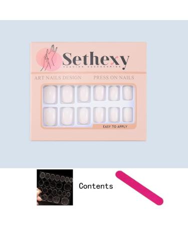 Sethexy Short Square White False Nails - Glossy Pure Color Collection | 24Pcs Full Cover Press on Acrylic Stick on Nails for Women and Girls - Buy Online on SooperMarket.com