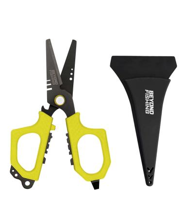 Beyond Fishing 6.5" Pro Fishing Shears Dual Serrated Blades, Fishing Braided Line Scissors with Titanium Coating, Non-Slip Grip & Multifunction Tool, Includes Hard Molded Locking Sheath Yellow
