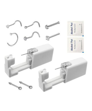 2 Pack Home Nose Piercing Kit, SLVIEKAE Disposable Self Nose Piercing Gun, Nose Stud Piercing Kit with 6 Pcs Free Nose Rings (Silver)