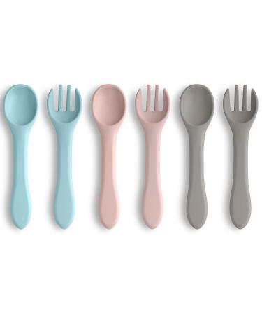 Vicloon Baby Fork and Spoon Set 6 Pcs Silicone Baby Feeding Training Spoon Self-Feeding Weaning Spoons Forks Training Feeding for Kids Toddlers Children and Infants 6pcs-blue/Pink/Gray