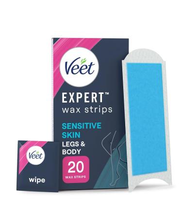 Veet Expert Cold Wax Strips Hair Removal Legs & Body Sensitive Skin 20 Strips each 2 Finish Wipes Expert Wax Strips