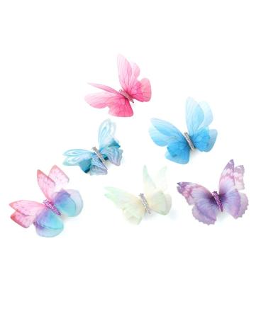 Liasun 6Pcs/pack 3D Colorful Organza Butterfly Hair Clips - Chiffon Fairy Wings - Ribbon Wrapped Clips Barrettes Hair Accessories (Multicolor1)