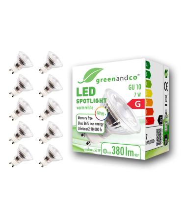 Greenandco 10x CRI 97+ GU10 LED Spot 7W 380 LM 36 2700K Warm White 230V flicker -free not dimmable 2 year guarantee 7W 2700K 36 10 pieces (1 Pack)
