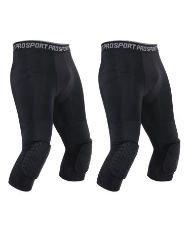 Blaward 2 Pack Men's Basketball Pants with Knee Pads 3/4 Capri Padded Compression Tights Leggings Sports Athletic Baselayer Black Small