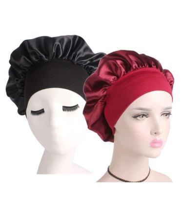 2Pcs Soft Satin Sleeping Cap Salon Hair Bonnet with Elastic Wide Band Comfortable Night Sleep Hat Head Cover Turban for Women Lady Girls Natural Long Curly Hair (Black and Red)