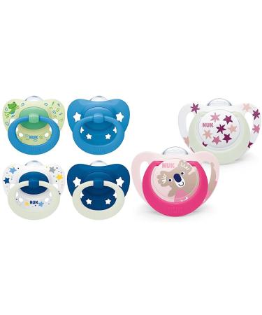 NUK Signature Day & Night Baby Dummy 18-36 Months Soothes 95% of Babies 4 Count & Star Baby Dummy | 18-36 Months | Day & Night Soothers | 2 Count Blue 18-36m 2023 4 Pack + 2 Count