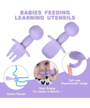 Vicloon Baby Fork and Spoon Set - 4Pcs Silicone Self Feeding Utensil for Infant, Toddler Cutlery Kit - Purple-Pink Color, Easy Grip, Ideal for Baby Weaning and Training - Buy Online on SooperMarket.com