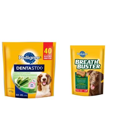 PEDIGREE DENTASTIX Oral Care Adult Dog Treats for Medium Dogs - Fresh Flavour 40 Sticks | PEDIGREE BREATHBUSTER Biscuit Treats for Dogs Medium or Large 500g Pouch Fresh 2 Piece Set Dog Treats + Biscuit Treats