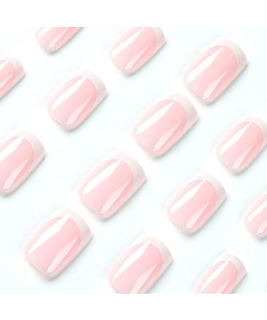 24 PCS White French Tip Press on Nails Pink False Nails | Glossy Square Fake Nails for Women | Full Cover Stick on Nails - A Style - Buy Online on SooperMarket.com