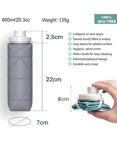 SPECIAL MADE Collapsible Water Bottle - Leakproof Valve, Reusable BPA Free Silicone, Foldable for Sport Gym Camping Hiking Travel - Lightweight & Durable 20oz 600ml (Grey) - Buy Online on SooperMarket.com