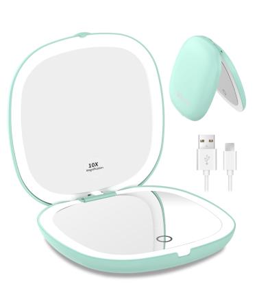 wobsion Travel Magnifying Mirror with Light 1x/10x LED Compact Mirror 2-Side Illuminated Makeup Mirror Dimmable 10cm Rechargeable Handheld Pocket Mirror Gifts for Women(Cyan)