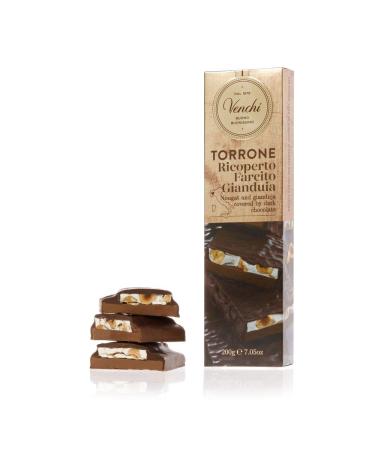 Venchi Gianjuja Nut Milk Chocolate Nougat Bar Artisanal Chocolate Made with Piedmont Hazelnut Paste Gluten Free Dark-Chocolate 200 Gram