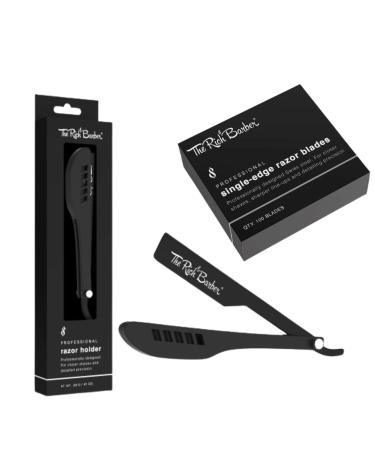 The Rich Barber Straight Edge Shaving Razor Holder + 100 Blades Combo - Beard Shaping Tool for Line-Ups & Hair Detailing Precision - Rust-Resistant Self-Care Grooming Tool (Black)