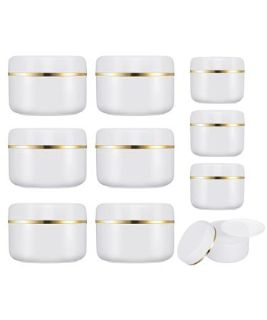 10 pcs Cosmetic Sample Jars Containers Including 6 pcs 100ml Plastic Refillable Travel Pot 4 pcs 50g Sample Pots with Gold Dome Lids for Toiletries Creams Make up Sample Glitter Nail Art Storage