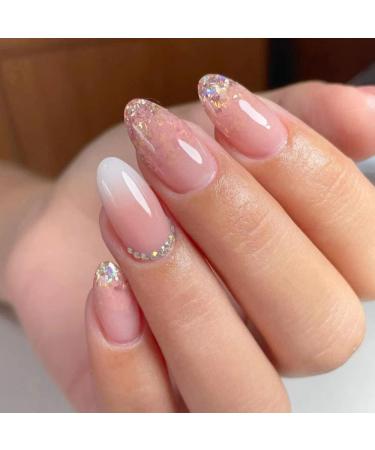 Color gradient pink pressure on nails medium almond shape kquee nest natural acrylic nails glitter sequin fillet full cover shiny fake nails designed press-on 24pcs pink glitter