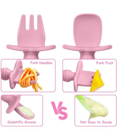 Vicloon Baby Fork and Spoon Set - 4Pcs Silicone Self Feeding Utensil for Infant Toddler, Easy Grip Cutlery Kit for Children - Red/Orange - Buy Online on SooperMarket.com
