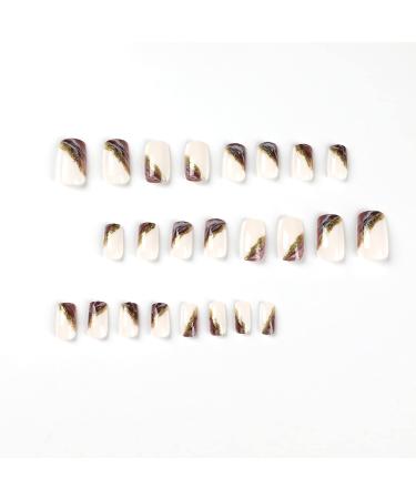 24PCS Gold Glitter Marble Square Press On Nails - Medium False Acrylic Nails for Women - Brown Full Cover Stick On Nails - Buy Online on SooperMarket.com