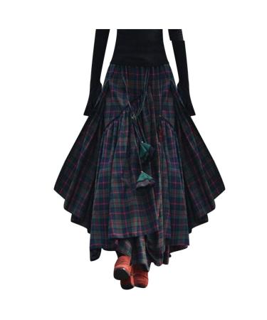 Sanahy Women Ladies Full Ankle Length Plaid Print Retro A Line Maxi Long Skirt Elastic Waist Fringe Irregular Skirts Party Skirt XXL Green