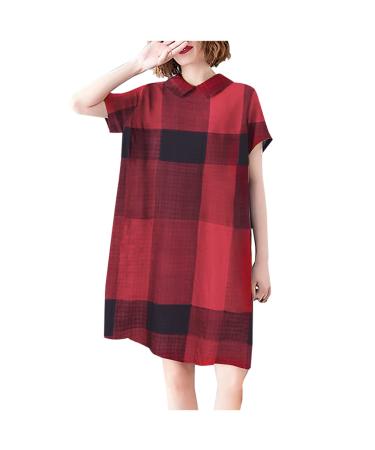 Women Casual Summer Dress Short Sleeve Lapel Plaid Print Knee-Length Dress with Pocket Loose Shift A Line Midi Dresses Red Summer Dress 82 XX-Large