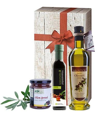 3Tlg Greek olive oil gift set |Bio vinegar |Extra Native olive oil |Black Tapenade |Gift box with wood look and loop |Aristos (olive oil vinegar & tapenade)