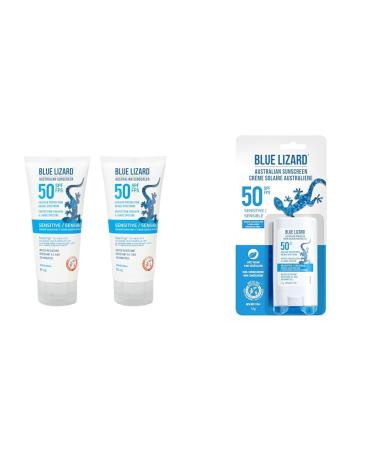Blue Lizard Senstive SPF 50 Lotion Mineral Sunscreen Bundle (Pack of 2) & Sensitive Sunscreen Stick - 50 SPF + - 14g Sunscreen + Sensitive Sunscreen Stick