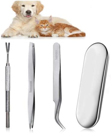 3PCS Tick Remover Tool Set Stainless Steel Tick Remover for Dogs Cats Horses Safe Tick Remover Kit for Pet Including 1 Double-sided Tweezer 1 Tick Hook 1 Tick Tweezer Iron Box Christmas Gift