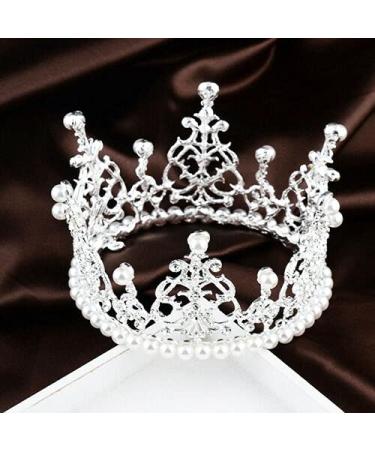 JORCEDI Women Girls Retro Man-made Pearl Crown Bride Tiara Cake Topper Decoration for Women Lady Girl Bridal King Princess Costume Party Birthday Wedding Pageant Silver